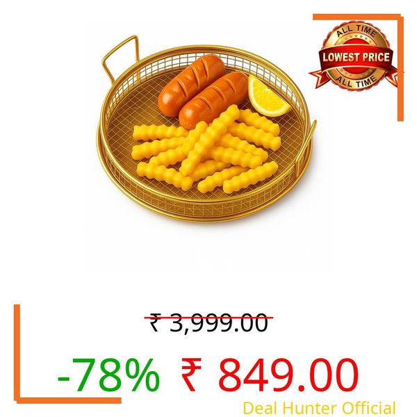 Yopple Round Stainless Steel Air Fryer Basket Tray, Golden Crisper Tray with Handles, Non-Stick, Even Heat Flow, Grease Catcher for Healthy Oven Cooking (Golden)