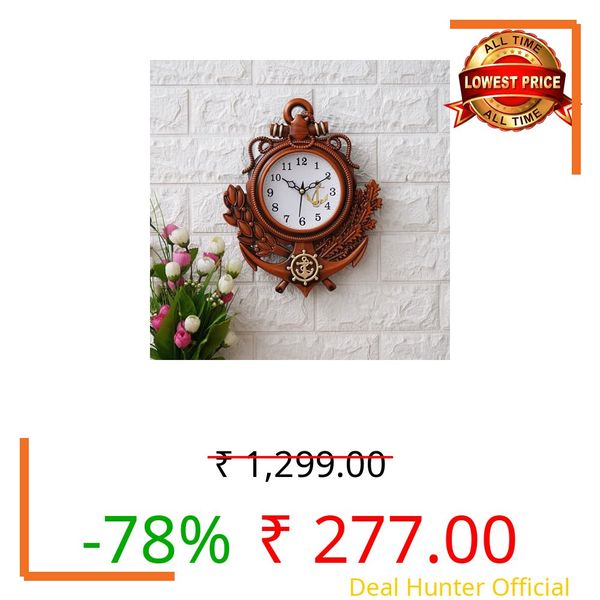 Nautical Wooden Wall Clock with Decorative Anchor Design | Vintage Maritime Wall Décor | Premium Brown Finish | Analog Display | 31 cm x 24 cm