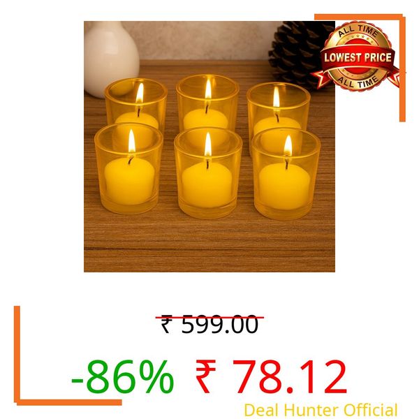Pure Source India Votive Glass– Pack of 6 | Decorative Tealight Holders with One Tea Light Candles for Home Décor, Diwali Decoration, Weeding Decor & Festive Lighting (Yellow)