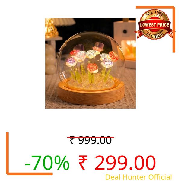One94Store Rose LED Night Lamp | Wooden Base Round Table Light with 9 Dual-Shade Artificial Rose Flowers (Multi & White) | Decorative Night Light for Bedroom, Home Décor, Party & Gift