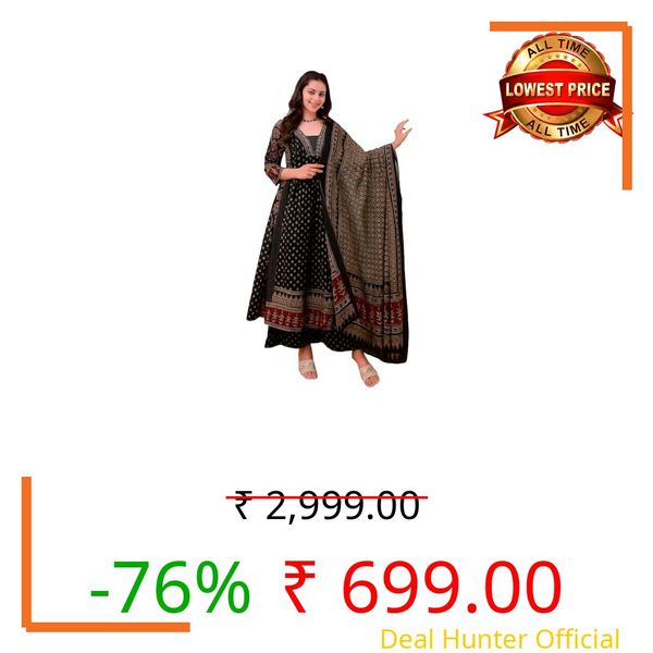 KLOSIA Women Printed Anarkali Kurta and Pant Set with Dupatta Black