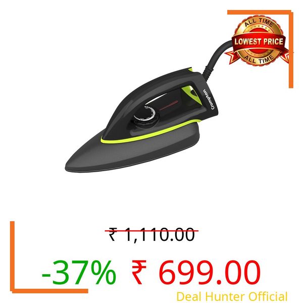 Crompton Neoglide 1000 W Dry Iron with American Heritage Non-Stick Soleplate, Curved LargeSoleplate Design, 360° Swivel Cord, 6 Fabric Settings, 2 Year Warranty, Iron Press