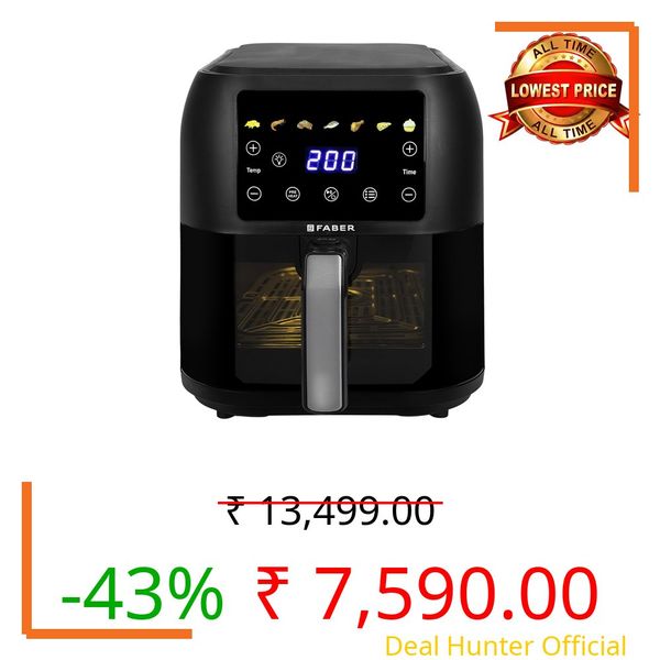 Faber 8 L 1700W Digital Air Fryer | Fry, Bake, Roast | 85% Less Oil, 200°C Swirl Heating Technology | 7-Preset Menu, Touch Control Interface, View Window, Auto Shut-Off | Black