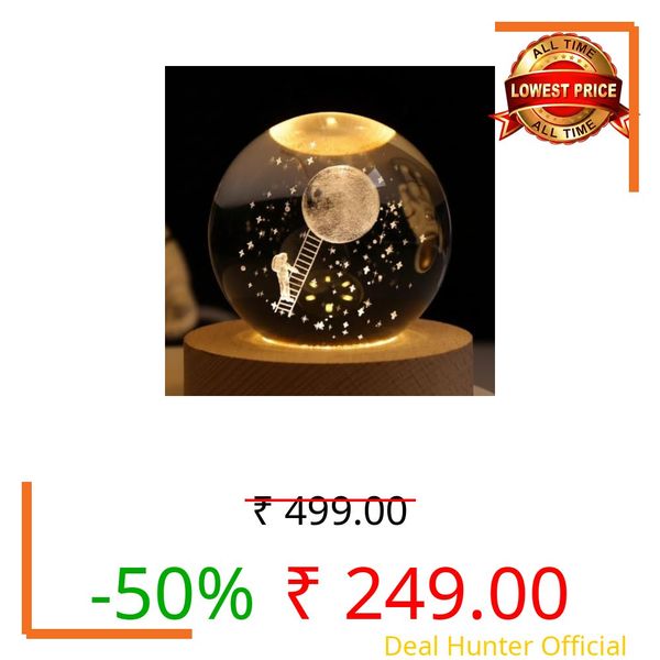 HOMELYHARBOR Universe Crystal Ball Night Light,3D Glass Ball Night LED Lamp with Woodern Base,Colorful LED Wooden Crystal Ball for Home Decoration Birthday Gift (Astronaut Step Moon)