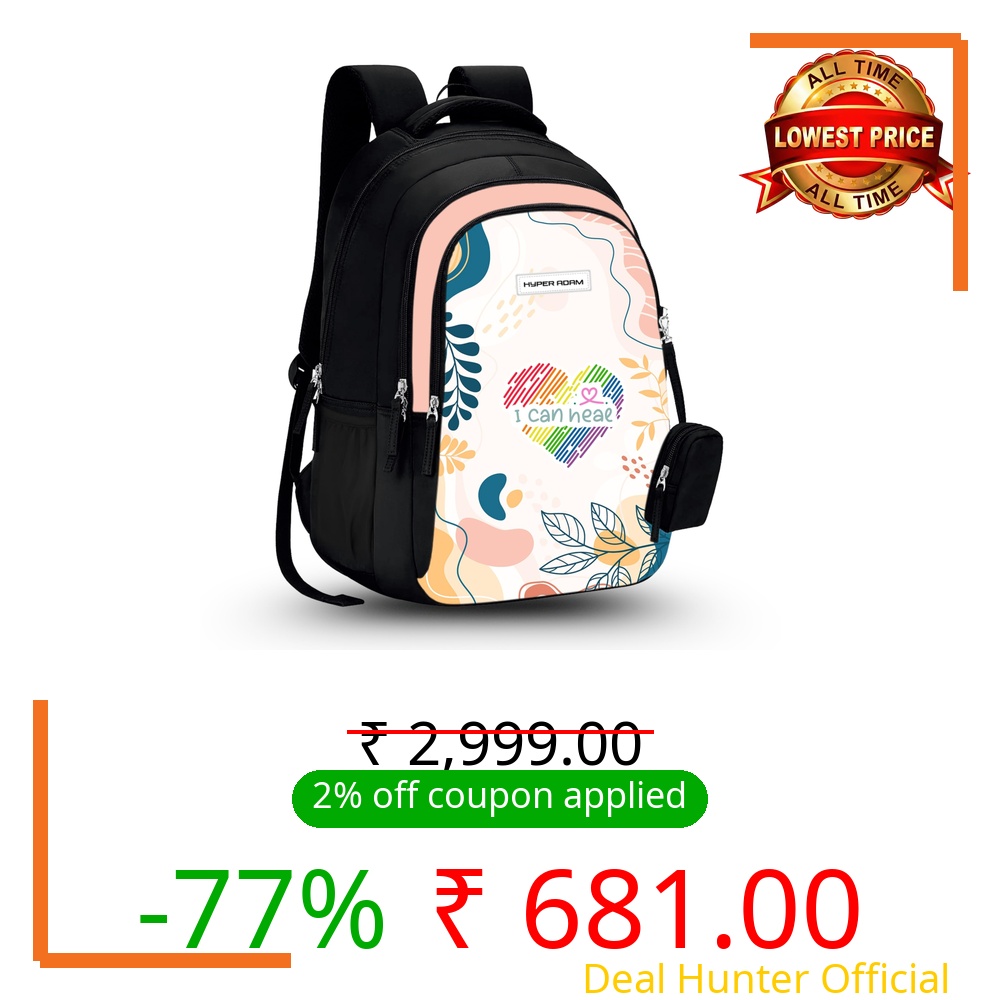 Hyper Adam School 35 l Backpack Zig Zag Print For College Travel Tution Backpack Office Multipurpose Picnic Bag for Boys & Girls (Rainbow Heart) (Rainbow Heart)