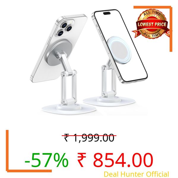 RIGGEAR Premium Magnetic Phone Stand for Desk, with 360° Rotating, Non-Slip Base, Foldable Metal Stand for Mobile/iPad Compatible with MagSafe iPhones and Android Phones (NOT A Charger)- White