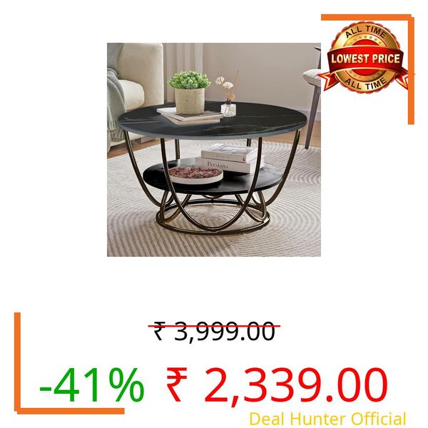 Bright Wood Craft Round Coffee Table Modern Sofa Side End Table for Living Room Center Table with 2 Shelf Storage Wooden Marble Print Tabletop Full Black
