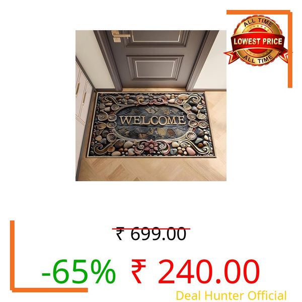 Royser Welcome Doormat for Home Entrance | Non-Slip Rectangular Front Door Mat with Stone & Floral Design | Stylish Indoor Outdoor Dustproof Rug for Entryway, Porch & Living Room Decor