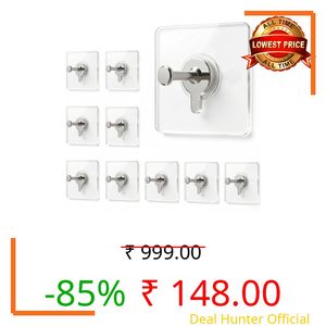 SNOKG Self Adhesive Wall Hooks for Hanging Strong | Transparent Heavy Duty No-Drill Hooks for Wall | Photo Frame Hooks Without Nails | Waterproof Reusable Adhesive Hook (Pack of 10)