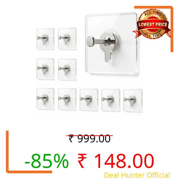 SNOKG Self Adhesive Wall Hooks for Hanging Strong | Transparent Heavy Duty No-Drill Hooks for Wall | Photo Frame Hooks Without Nails | Waterproof Reusable Adhesive Hook (Pack of 10)