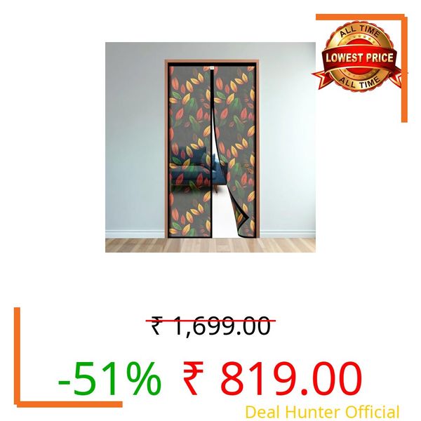 TurtleGrip Polyester Magnetic Door Mosquito Net | Black Mesh with Multi-Colored Leaf Pattern Design | Auto-Closing Magnetic Door Curtain with Strong Magnets & Full Frame Hook & Loop | 210x95 cm