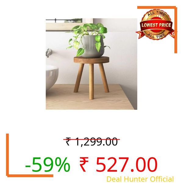 Y R TRADERS Round Wooden Plant Stand, 3 Legs, Natural Wood Finish, Brown, 35 cm Height