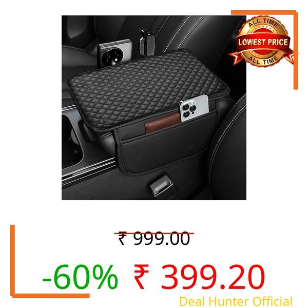 Vizaro Car Armrest Pad PU Leather Cushion Cover with Side Pockets | Universal Center Console Pillow for Car | Soft Ergonomic Elbow Support | Anti-Slip Armrest Protector for All Cars