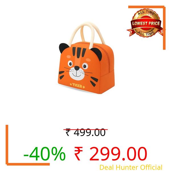 SIGMO Kids Mini Lunch Bag for Play-School Nursery Kindergarten | Compact 4L Leakproof Thermal Tiffin Bag for 2-6 Year Olds | Small Size, Cartoon Printed (Orange Tiger)
