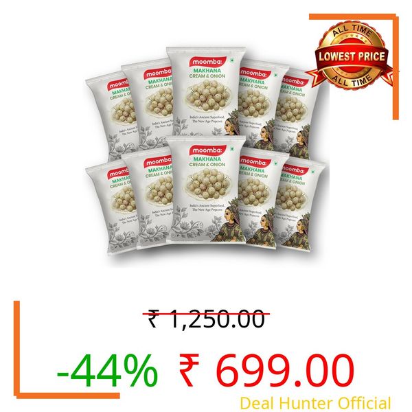 Moomba Roasted Crunchy Cream N Onion Flavoured Makhana | Low Calorie, Vegan, Gluten & Cholesterol Free Healthy Foxnut | Rich in Protein & Fiber Puffed Namkeen Snack, 50g Each, Pack of 10