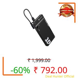 Portronics Luxcell Uno 10K 10000 mAh 22.5W Fast Charging Power Bank with Detachable Type C Cable, Ultra Slim Power Bank with Mach USB-A Output, Type C PD Output, Type C Input, Wake Up Button(Black)