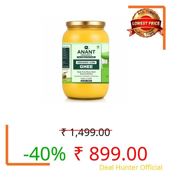 Anant Organics Organic Cow Ghee A2 Cow Milk | Hand Churned Vedic Method Ghee Glass Bottle (1000ml)