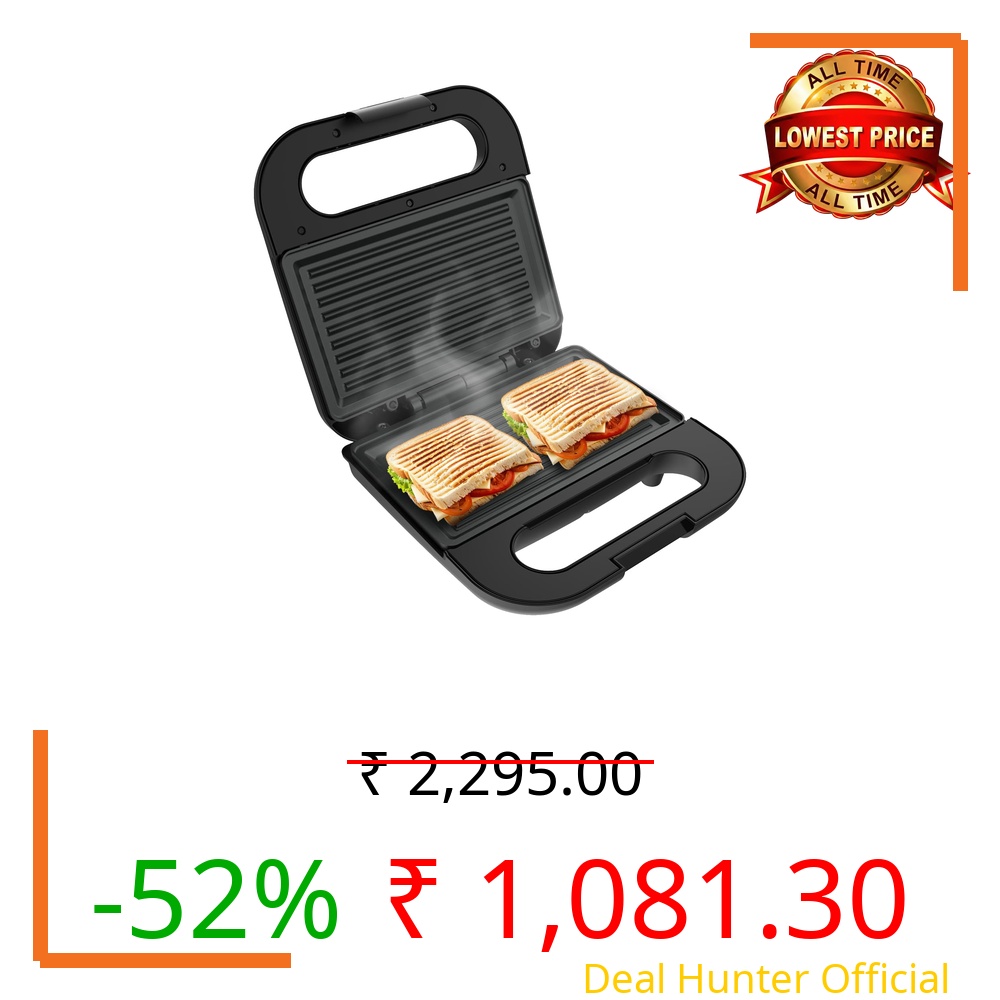 Havells Quick Crunch Grill Sandwich Maker | 800 W | Power Indicator Light | Non-Stick Coating Plates | Heat Resistant Body | Quick Heating (Black)
