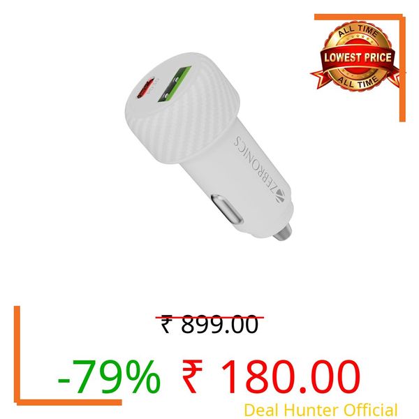 Zebronics 48W Car Charger with Dual Output - Type-C (30W) & USB (18W), PPS Tech, Rapid Charging, LED Indicator, for Smartphones, iPhones, Tablets, Earbuds (CC48 Plus, White)