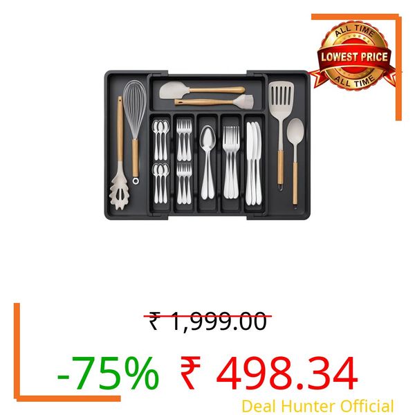 Aliensware Expandable Slider Kitchen Drawer Organizer, BPA Free Utensil, Adjustable Flatware & Cutlery Holder/Divider Tray for Spoons Forks, Knives Tableware Storage-13-22.4 X15X2 inch(8-Slots/Black)