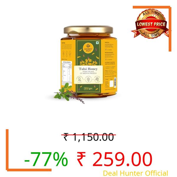 Honey Hut Raw Tulsi Honey 350gm Glass Jar I 100% Pure Lab Tested Original Natural Honey from Tulsi Flowers I No Added Sugar I Unprocessed and Unfiltered Premium Honey for Gifting