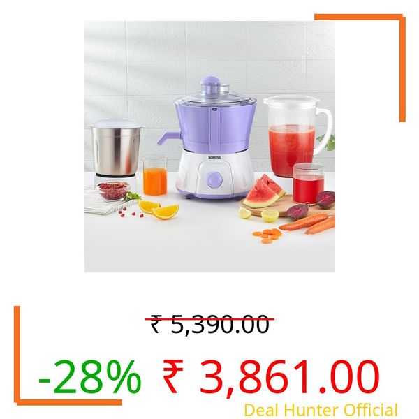 Borosil Primus III 500W Juicer Mixer Grinder | Made in India | Centrifugal Juicing Technology | 2 Jars with Pulp Collector | 3 Speed & Pulse Function | Overload Protection | 2 Year Warranty