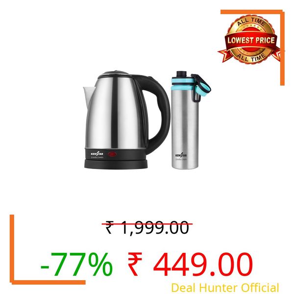 Kenstar ESTELLA COMBO Electric Kettle 1.8L & Stainless Steel Bottle | Concealed Heater | Auto Cut-Off & LED Indicator | 1350 W | SS Finish