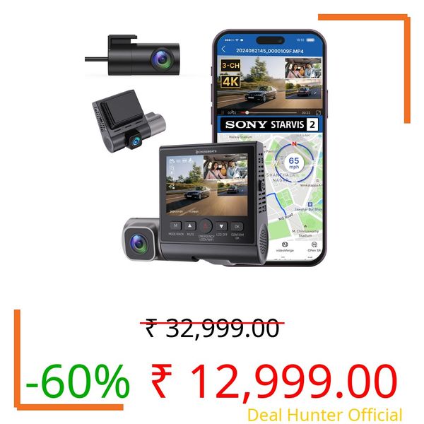Crossbeats RoadEye DC04 4K Dash Cam for Car | Cabin, Front and Rear 3 Channel Dashcam for car | Sony STARVIS 2 Sensor | ADAS + Built-in GPS | WiFi | Night Parking Mode |256GB |Smart App 12M Warranty
