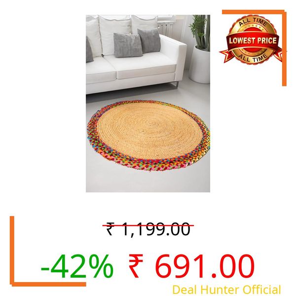 V.V.S.Enterprises, Jute Carpet for Living Room, Bedroom Rug, Hallway and Entryway Mat, Handwoven Area Rug for Interior Styling and Room Décor, 3x3 Feet, Jute & Chindi Outer