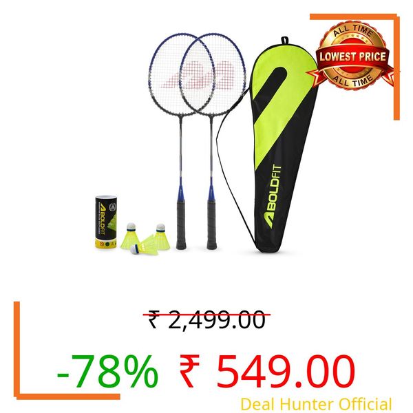 Boldfit Badminton Rackets Aluminium Badminton Racket with Full Cover Bag Standard Shuttle Bat Match Shuttle Bats Lightweight Badminton Shuttle Bat Thunderbolt - Blue Set