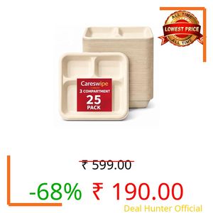Careswipe 3 Compartment Disposable Paper Plates Meal Tray 9 Inch Pack of 25 | Disposable Plates Eco Friendly Disposable Food Paper Plates | Home Use, Party, Picnic, Restaurant & Catering Use |