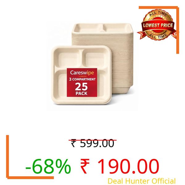 Careswipe 3 Compartment Disposable Paper Plates Meal Tray 9 Inch Pack of 25 | Disposable Plates Eco Friendly Disposable Food Paper Plates | Home Use, Party, Picnic, Restaurant & Catering Use |