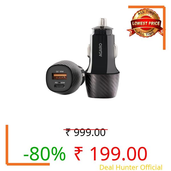 AGARO Pulse Car Charger, Dual Port with 51W Fast Car Charger with Dual Output (33W Pd Type C Port + 18W USB A Port), Fast Charging, for Smartphones, iPhones, Tablets, Earbuds & More – Black