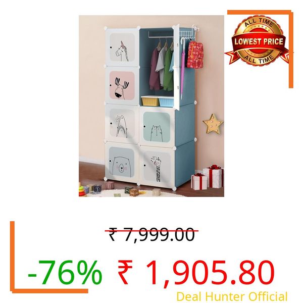 CoolLeaf Plastic Wardrobe for Kids, Cupboard for Bedroom with 8-Cubes Sheets and Hanging Rail, Almirah Plastic for Baby Clothes/Toys/Books, Blue Cartoon