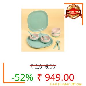 Eha Earth-Friendly 11 Inch Dinner Plate and Soup Bowl with Spoon| Dinner Set for Gift| Set of 4| 250 ml | Made with Bamboo Fibers & Rice Husk | Microwave Safe Bowl | Serving Bowl Set | Celeste
