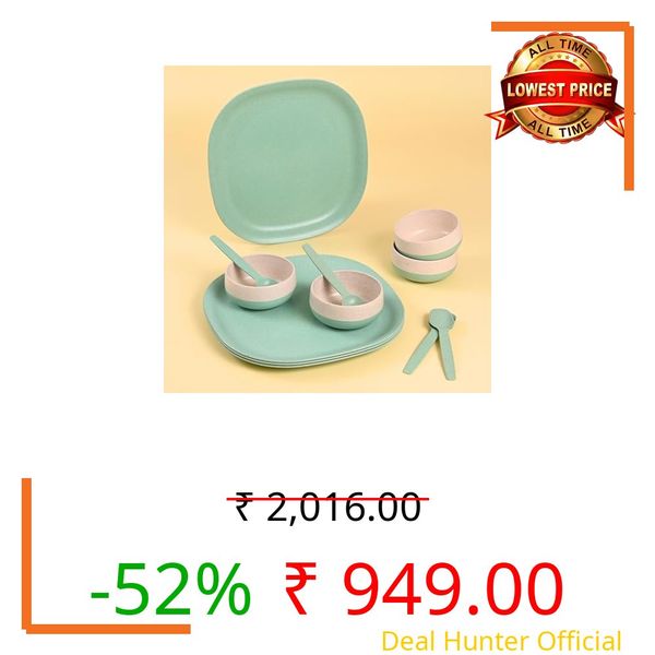 Eha Earth-Friendly 11 Inch Dinner Plate and Soup Bowl with Spoon| Dinner Set for Gift| Set of 4| 250 ml | Made with Bamboo Fibers & Rice Husk | Microwave Safe Bowl | Serving Bowl Set | Celeste