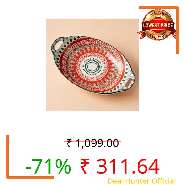 Amazon Basics Mandala Ceramic Long Dish with Handles (10.8 Inch) - Elegant Oval Serving Platter for Snacks, Appetizers, Salads, and Noodles | Microwave & Dishwasher Safe (Red & Green)