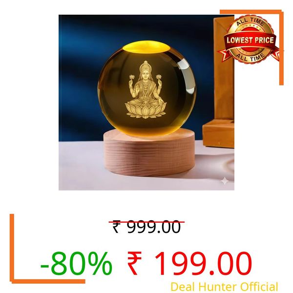COVACURE 3D Lakshmi Devi Idol Crystal Ball Night Lamp Creative Engraved 2.4 Inch Glass Ball Goddess Laxmi MATA Murti Crystal Ball Night Light, USB Table LED Wooden Glass Ball for Home, Office