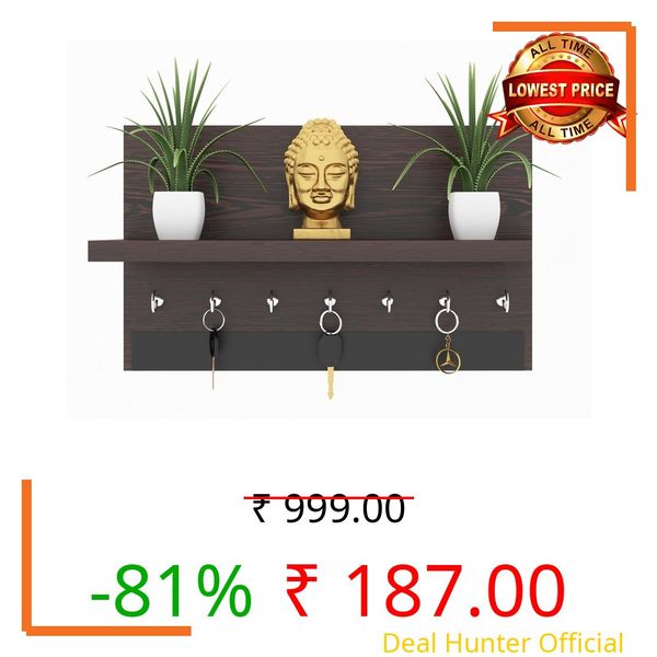 Xtenshion Crafts Wall Mounted Key Holder Shelf with 7 Hooks, Black Wood Finish, Space-Saving Design (BROWN)