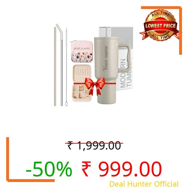 COMFYPOT Personalised with Your Name, 1200ml Tumbler with Straw - Handle – Stainless Steel Double Wall Insulated Cup | Leakproof Sipper Mug for Hot - Cold Drinks (Almond Birch/Custom Gift)