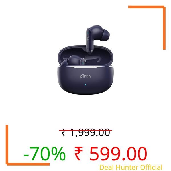pTron Bassbuds Eon in-Ear TWS Earbuds w/ 13mm Drivers, 45Hrs Playtime, Dual HD Mic & TruTalk AI-ENC Calls, Custom EQ, Mobile App, Bluetooth v6.0 Headphones,Voice Assist., Type C Charging & IPX5 (Blue)