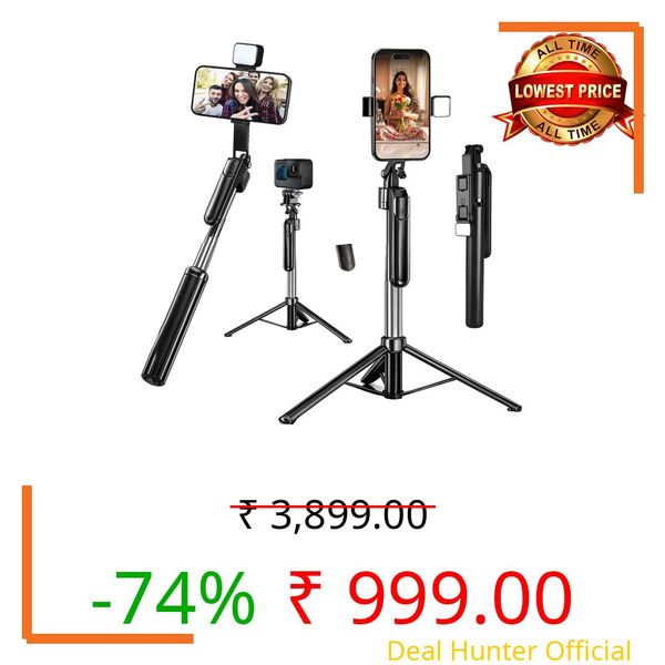 Kratos Selfie Stick Tripod Stand with Light 67 inch/1.7 M, 360° Rotation Handle for Anti Shake Shooting Tripod, Multifunctional Bluetooth Tripod for Mobile Phone Vlogging, Live Stream & Travel
