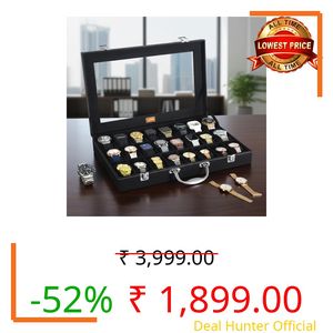 LEDO Men's and Women's Watch Box Holder Organizer Case In 24 Slots of watches In PU Leather with Black & Black