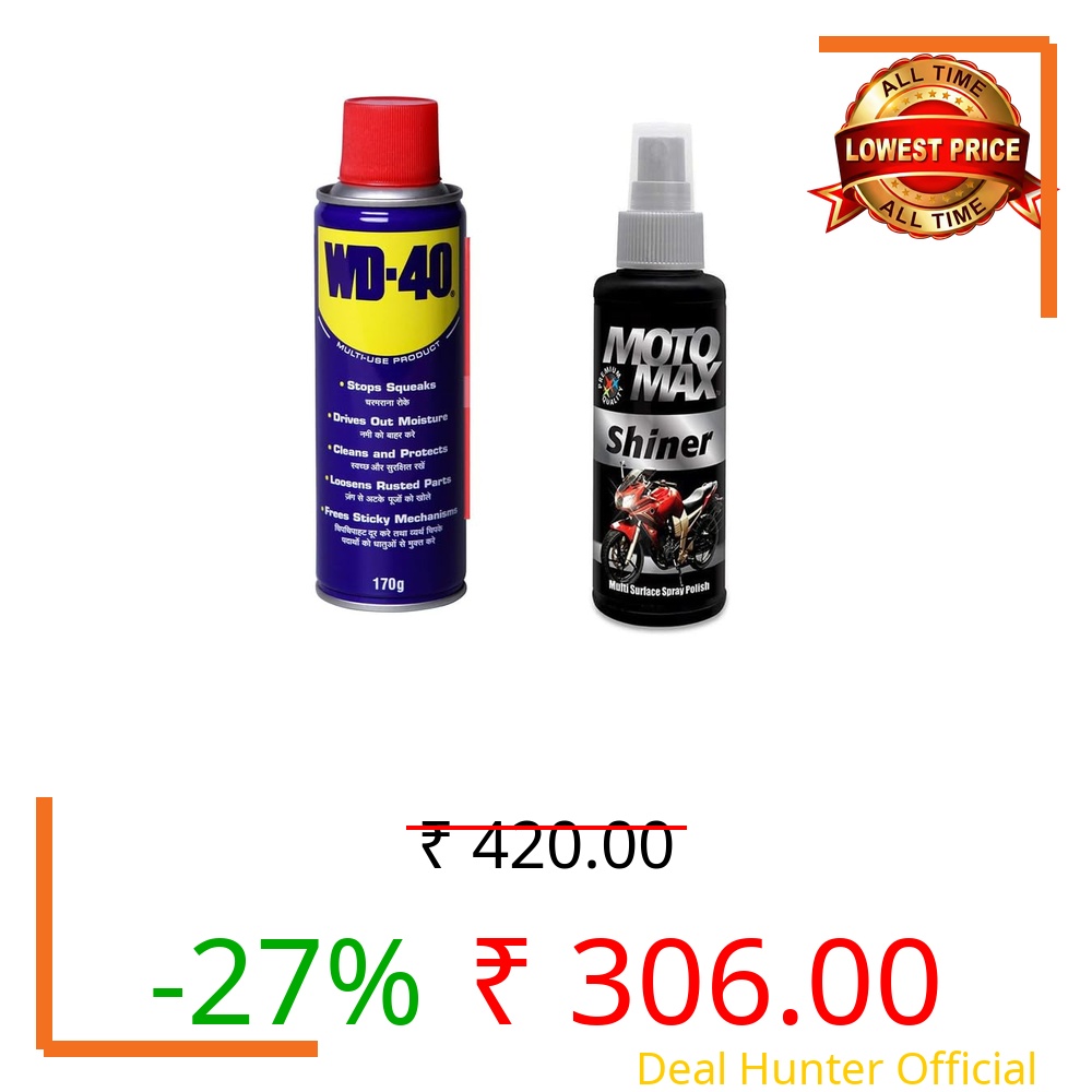 WD-40 Multipurpose Spray 170g + Motomax Shiner Multi-Surface Spray Polish 100ml – Lubricates, Protects & Adds Gloss for Bikes, Scooters & Cars