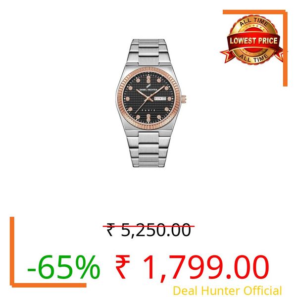 Daniel Hechter Hoche Collection Classic Analog Watch for Men – Textured Dial,Crystal Indices with Fluted Bezel, Date Display and Silver Stainless Steel Strap (Black)