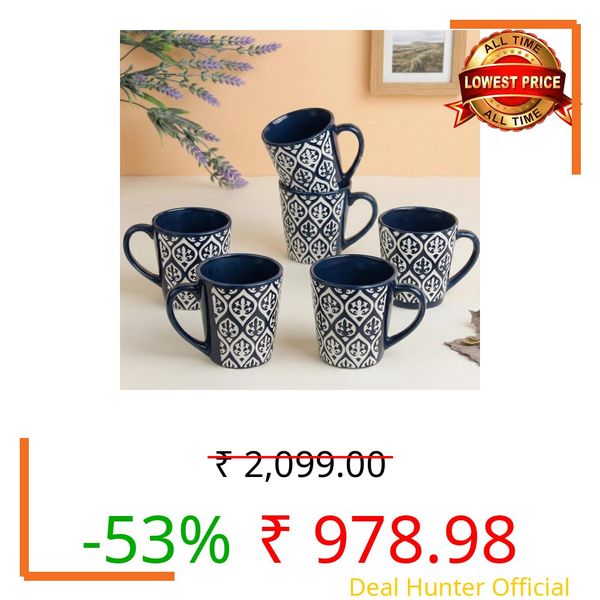The Earth Store Blue Leaf Ceramic Coffee Mug Set of 6, 200ml Microwave & Dishwasher Safe Tea/Milk Mug, Ideal for Home, Office, Gifting and Daily Use