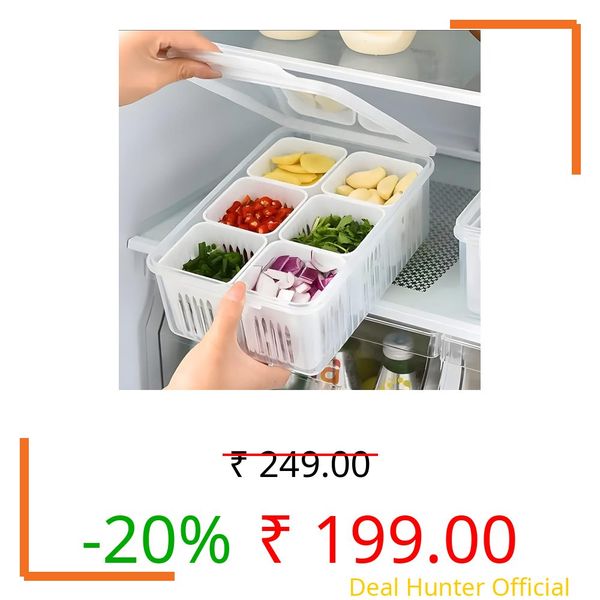 HomeWiz Fridge Storage Containers for Kitchen | 6-Grid Refrigerator Organizer with Removable Drain Plate & Airtight Lids | BPA-Free Food Storage Box | 1000 ml | Fruits & Vegetable Storage Containers