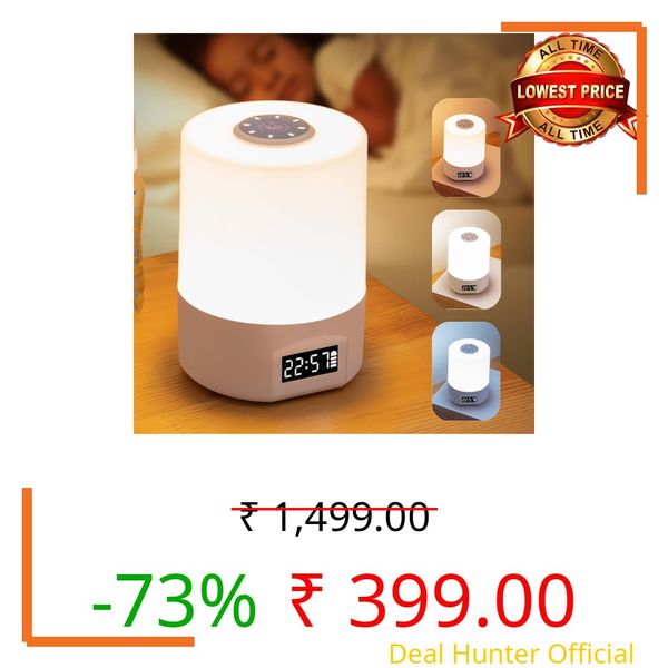One94Store LED Touch Table Lamp with Built-in Clock & Alarm – Rechargeable Oval-Shaped, Dimmable 3-Color Night Light with Time Setting Option at Back for Bedroom, Office & Home Décor