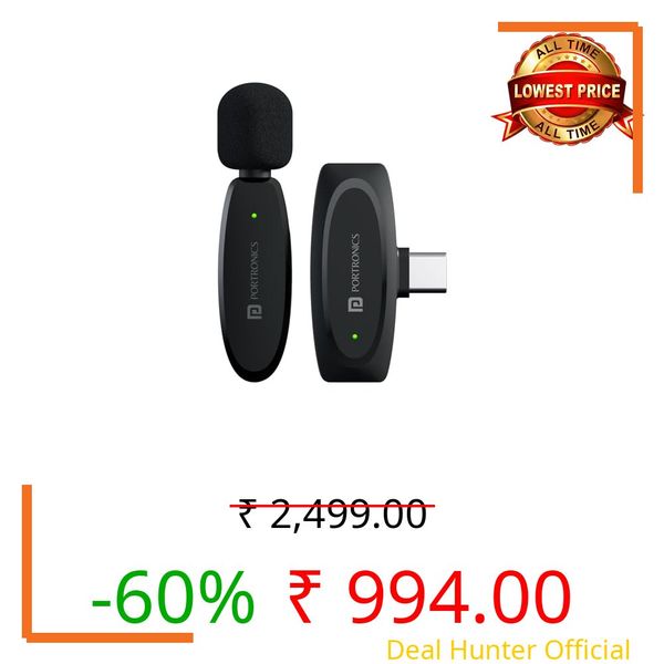 Portronics Dash 7 Ai Omnidirectional Type C Wireless Microphone, Ai Enabled Noise Cancellation, Plug & Play, Lapel Wireless Mic for Video Recording, Supports Type C Android, iPhone, Camera(Black)