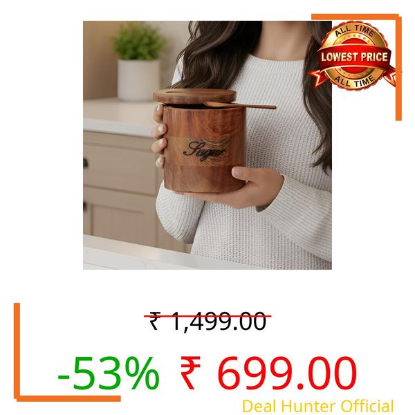 Creation India Craft Wooden Spice Jar Set with Magnetic Lids & Spoons | Salt, Sugar, Coffee & Tea Container | Round Kitchen Condiment Storage (Sugar Jar)